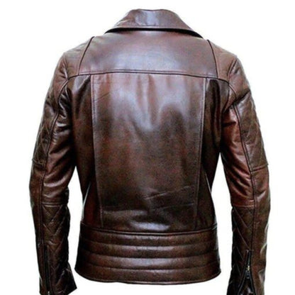Men’s distressed brown motorcycle jacket with rugged vintage style, durable leather biker outerwear for casual wear and riding.