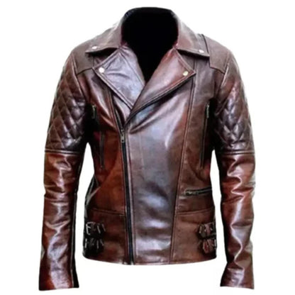 Men’s distressed brown motorcycle jacket with rugged vintage style, durable leather biker outerwear for casual wear and riding.