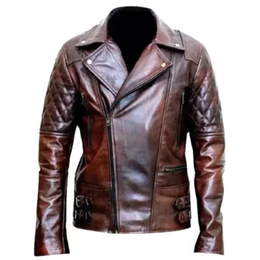 Men’s distressed brown motorcycle jacket with rugged vintage style, durable leather biker outerwear for casual wear and riding.