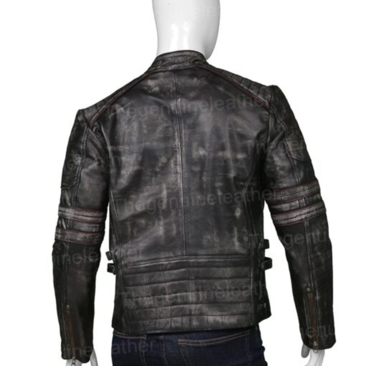 Men’s distressed vintage café racer leather biker jacket with classic retro motorcycle style and slim fit design