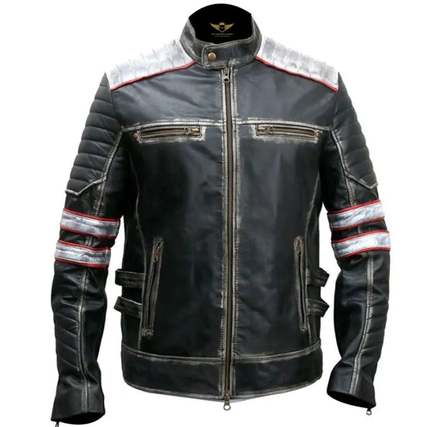 Men’s Distressed Retro Café Racer Leather Jacket – Classic Biker Style
