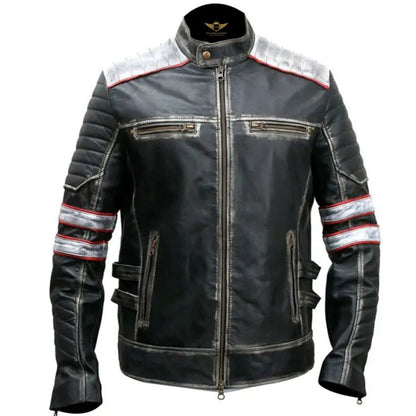 Men’s Distressed Retro Café Racer Leather Jacket – Classic Biker Style

