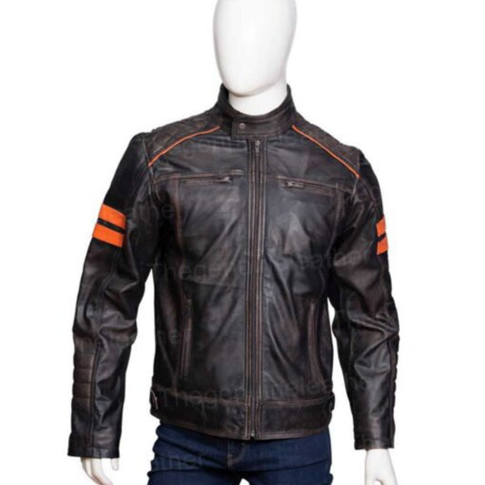 Men’s distressed retro orange striped leather jacket with vintage biker style