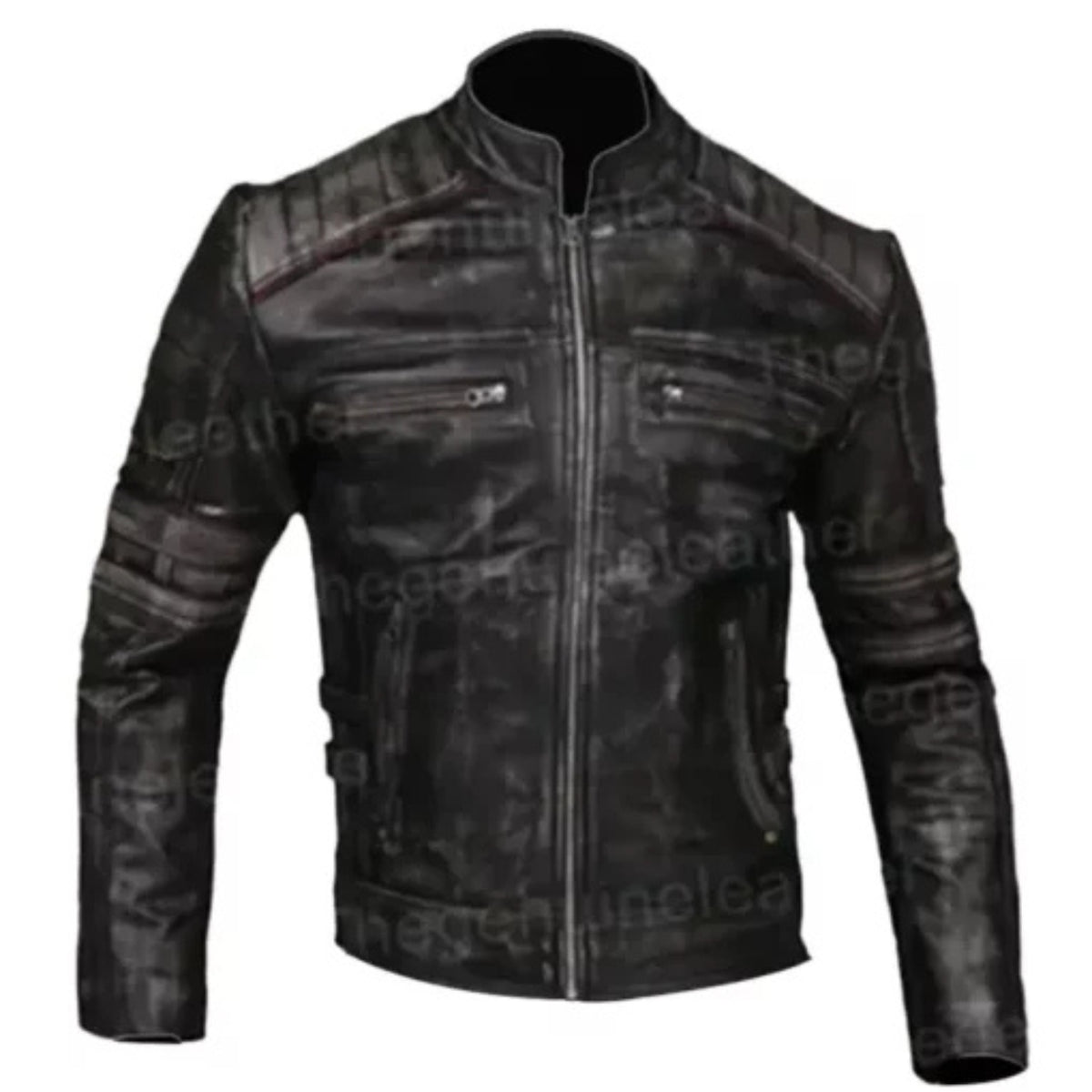 Men’s distressed vintage café racer leather biker jacket with classic retro motorcycle style and slim fit design
