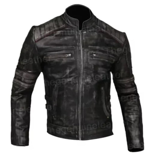 Men’s distressed vintage café racer leather biker jacket with classic retro motorcycle style and slim fit design