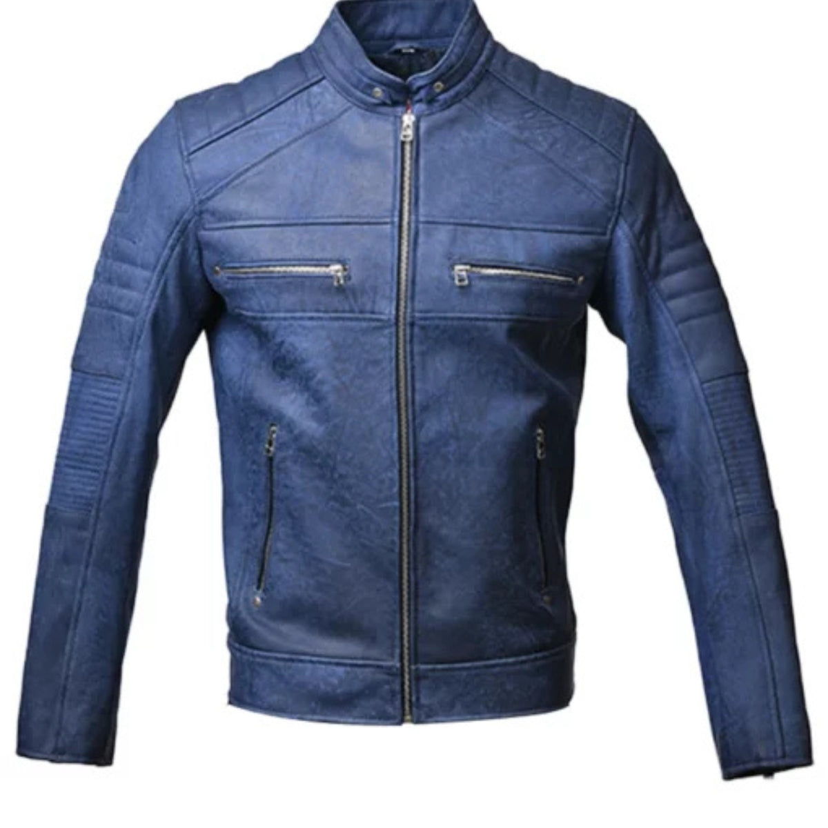 Men’s Elite Café Racer motorcycle jacket in blue leather, featuring a sleek fitted design, durable construction, zip closure, and classic biker style for riding or casual wear.