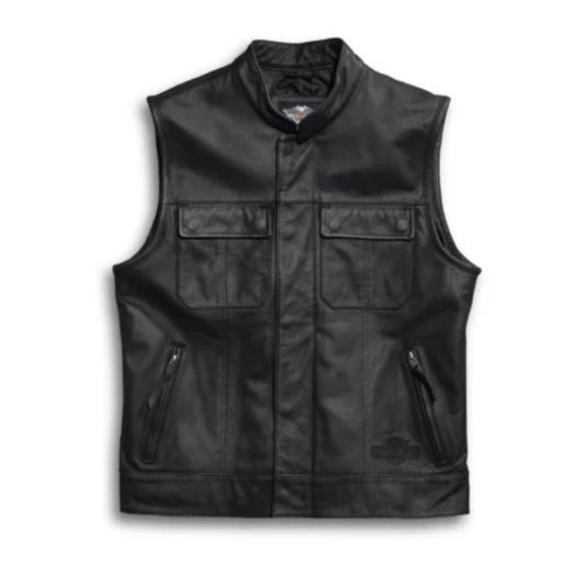 “Men’s Foster black leather vest with classic rugged design and biker style.”