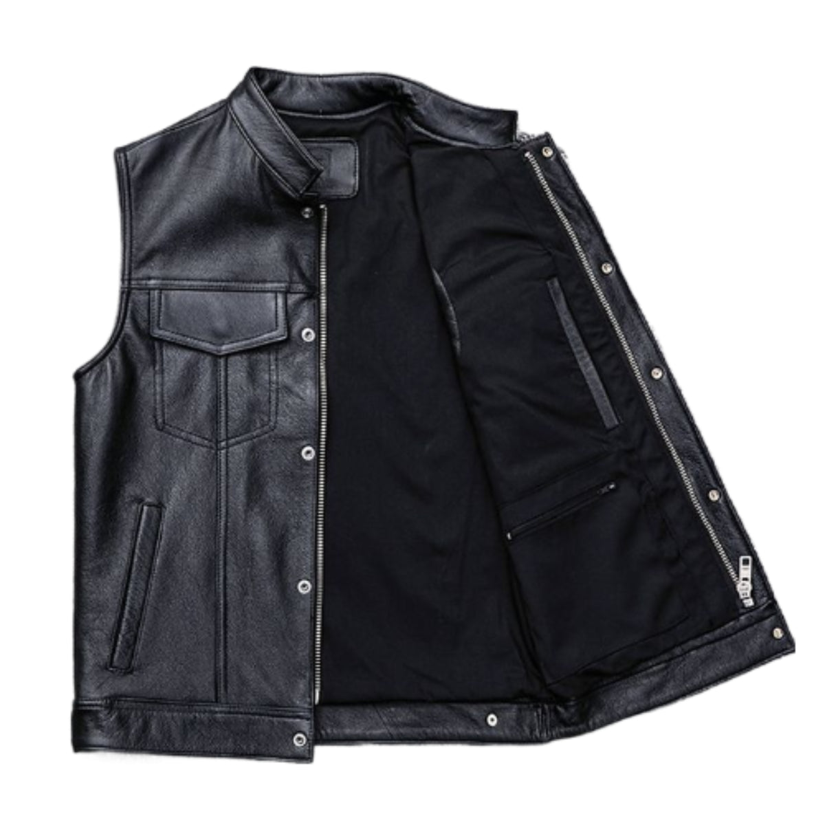 “Men’s gilet black leather vest with stylish, rugged modern outerwear design.”