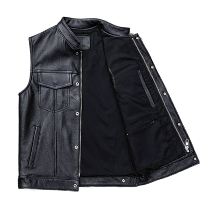 “Men’s gilet black leather vest with stylish, rugged modern outerwear design.”