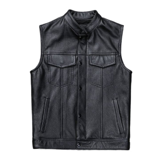 “Men’s gilet black leather vest with stylish, rugged modern outerwear design.”