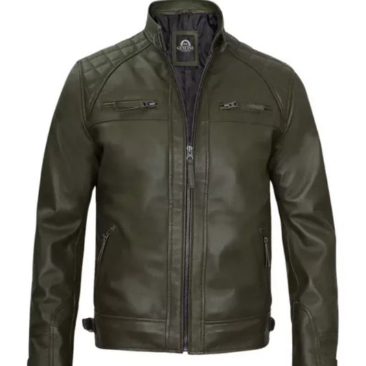 Men’s Green Cafe Racer Genuine Leather Biker Jacket – slim fit motorcycle style with front zipper, premium leather, and classic biker design.