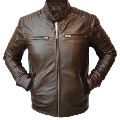 “Men’s handmade slim fit leather jacket with premium craftsmanship and sleek tailored design”