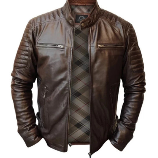 “Men’s handmade slim fit leather jacket with premium craftsmanship and sleek tailored design”