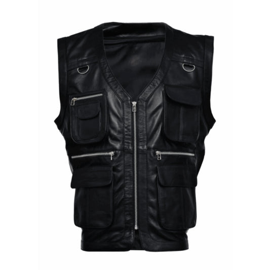 Men’s Hunter Valley black leather vest with rugged classic biker design.