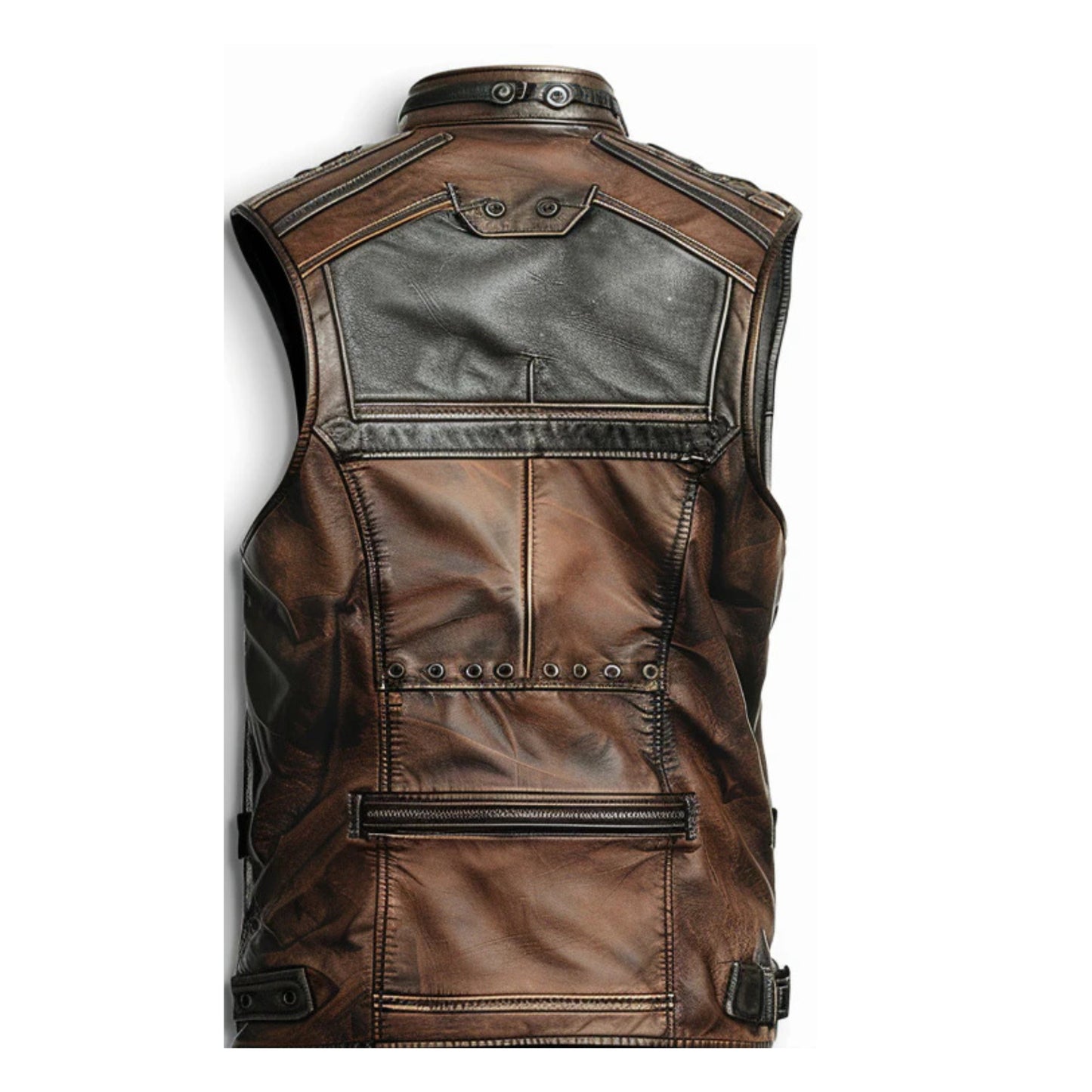 “Men’s Jack brown distressed leather vest with rugged classic biker design.”