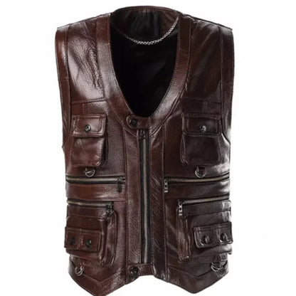 Men’s Luke vintage brown leather vest with classic rugged and timeless design.