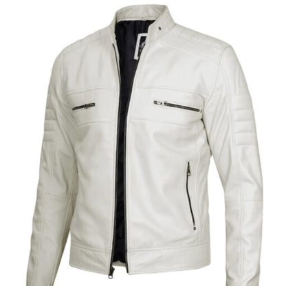 Man wearing men’s off-white café racer leather jacket