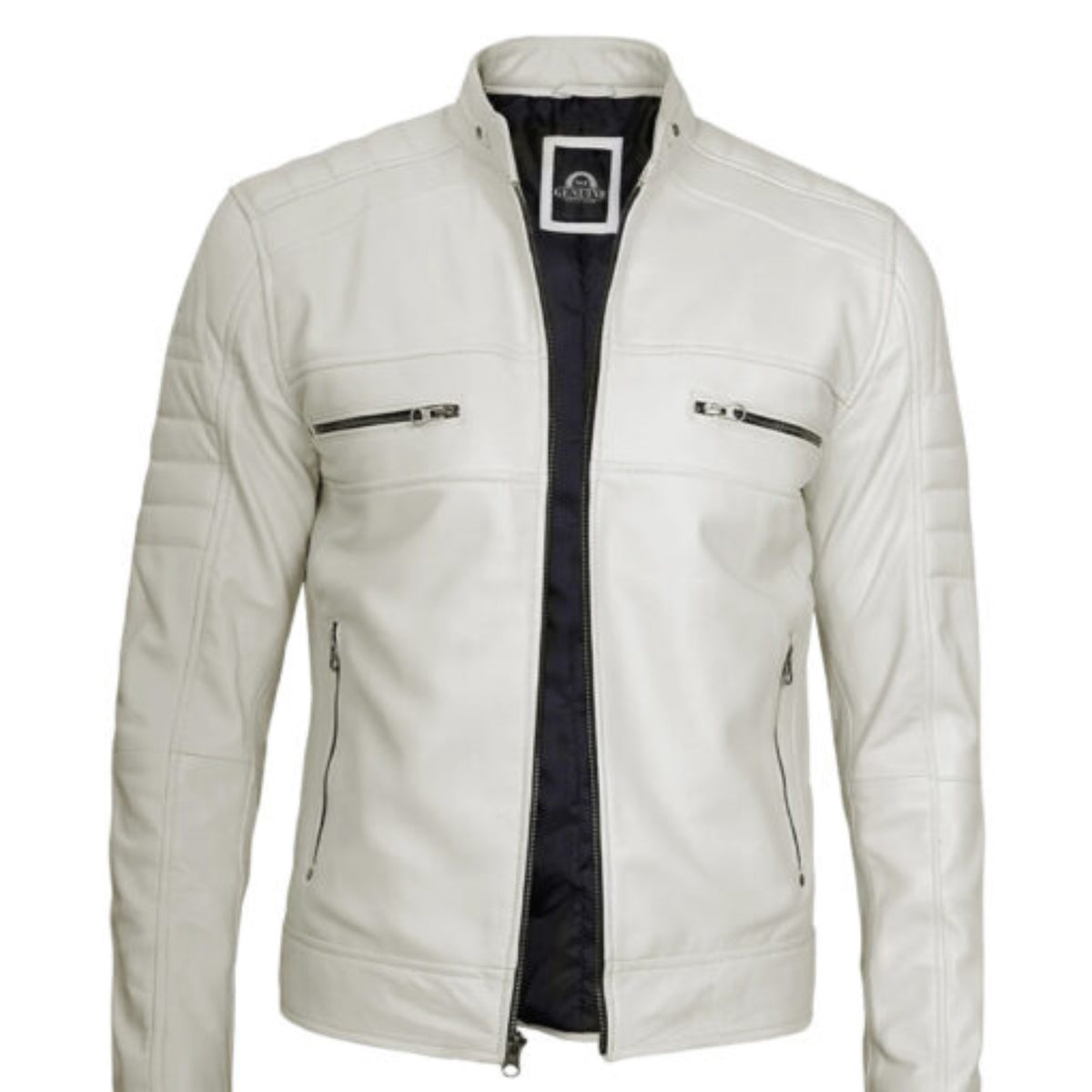 Man wearing men’s off-white café racer leather jacket