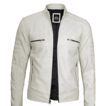 Man wearing men’s off-white café racer leather jacket