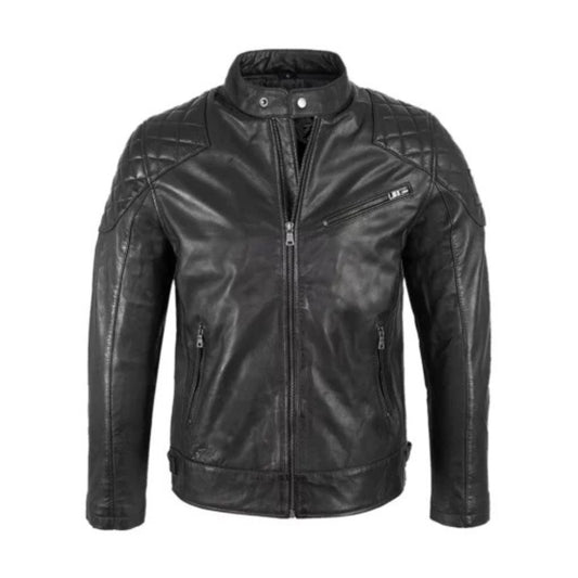 “Men’s padded black cafe racer leather jacket with quilted shoulders and classic biker style front zip design”