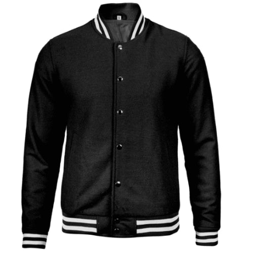 Men’s Plain Black Varsity Jacket featuring classic design, sleek silhouette, and versatile casual style.