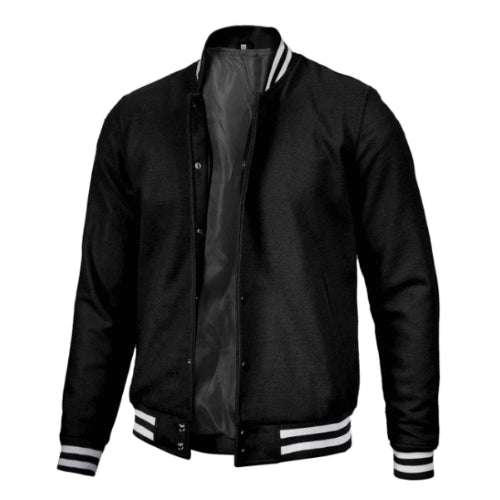 Men’s Plain Black Varsity Jacket featuring classic design, sleek silhouette, and versatile casual style.