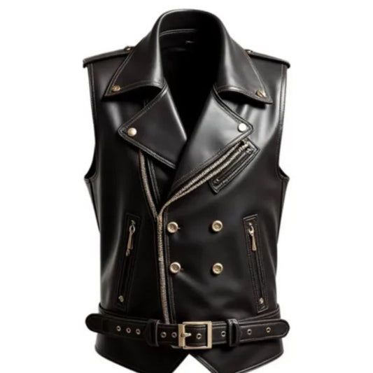 “Men’s premium black leather vest with rugged, stylish design and durable craftsmanship."
