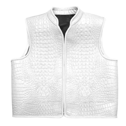 “Men’s premium white leather biker vest with bold rugged motorcycle design.”