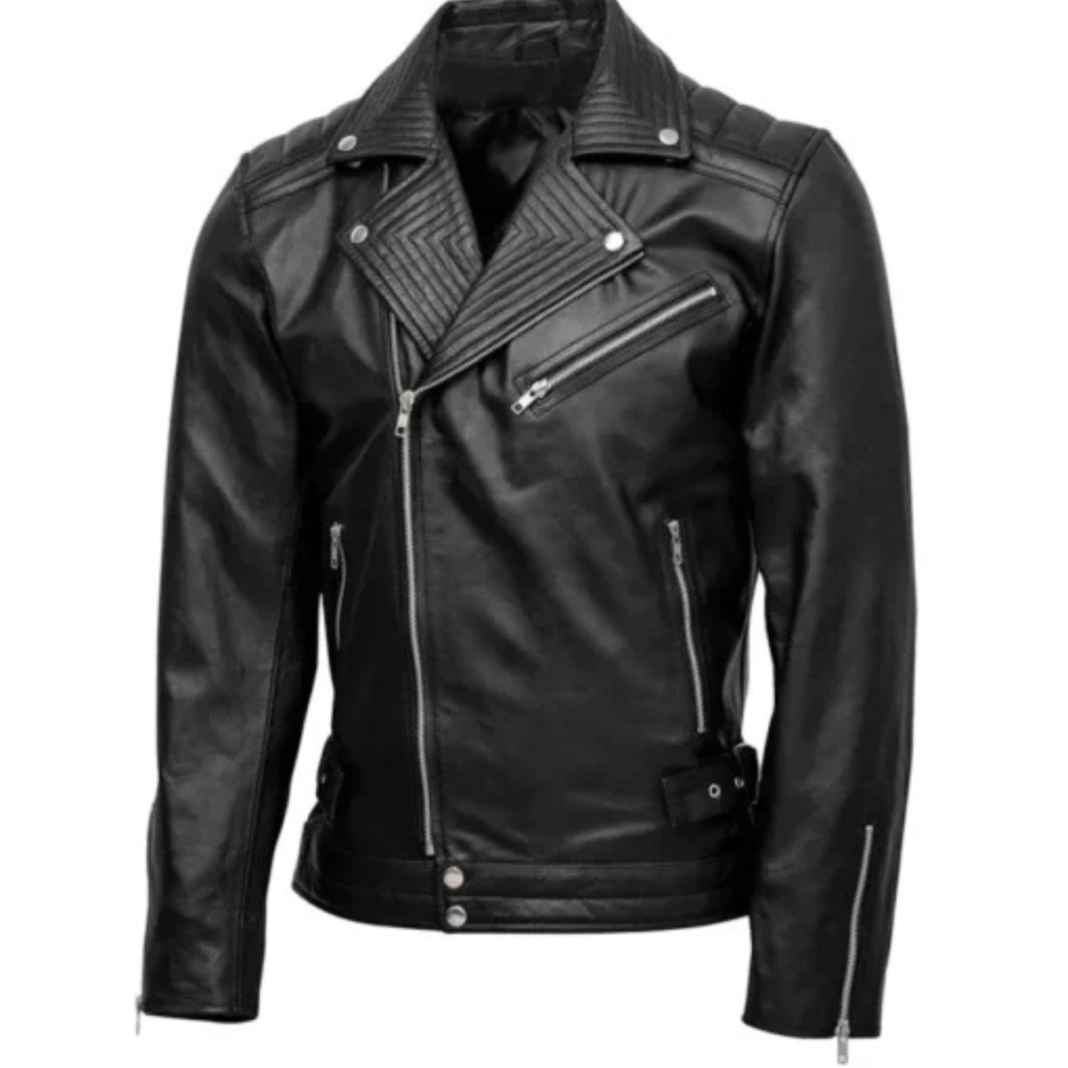 Men’s quilted biker leather jacket with stylish motorcycle design, black color, padded shoulders, and zippered pockets.