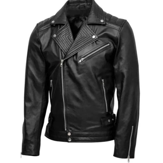 Men’s quilted biker leather jacket with stylish motorcycle design, black color, padded shoulders, and zippered pockets.