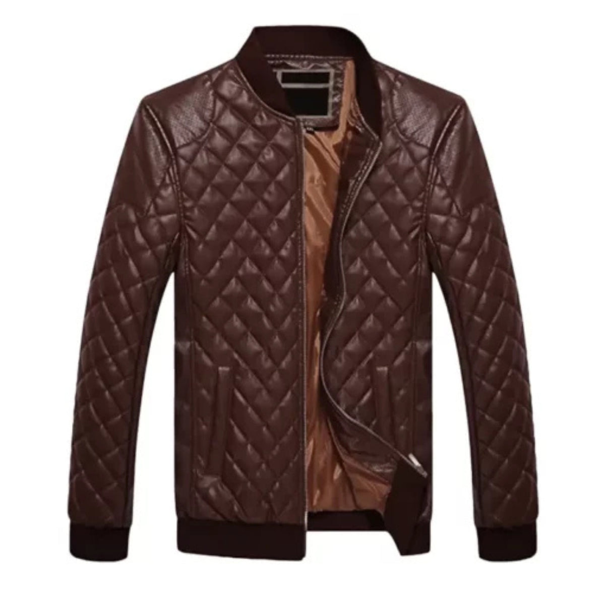 Men’s brown quilted cafe racer jacket with stand-up collar and zip closure