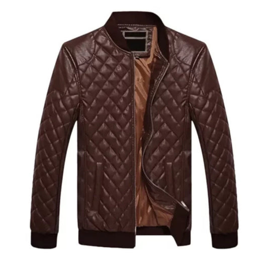 Men’s brown quilted cafe racer jacket with stand-up collar and zip closure