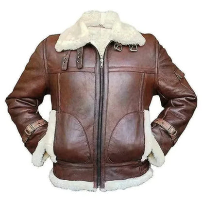 Men’s RAF B3 Shearling Leather Bomber Jacket featuring genuine leather exterior, soft shearling lining, and classic aviator design for timeless warmth and style.
