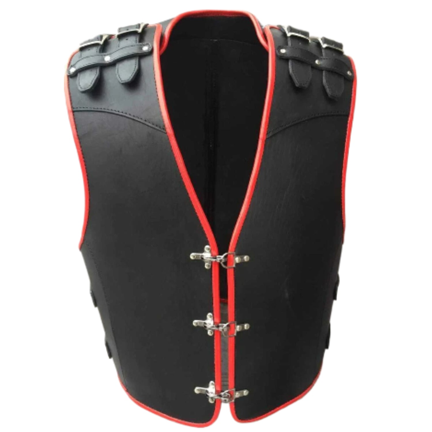 "Men’s red-striped black leather biker vest with bold motorcycle style"