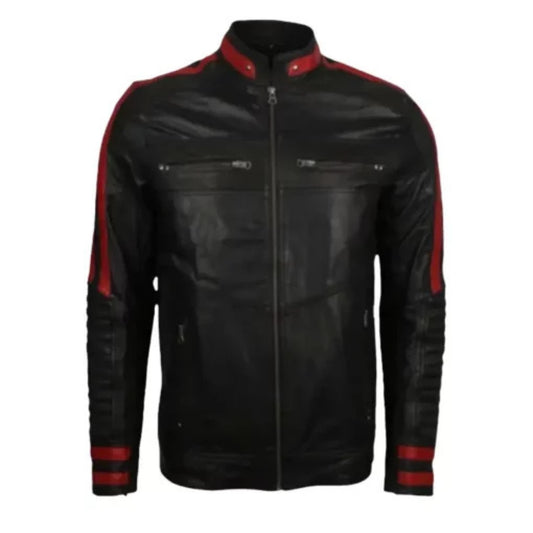 Men’s Red & Black Cafe Racer Leather Jacket with bold biker style, slim fit, front zipper, and classic motorcycle design.