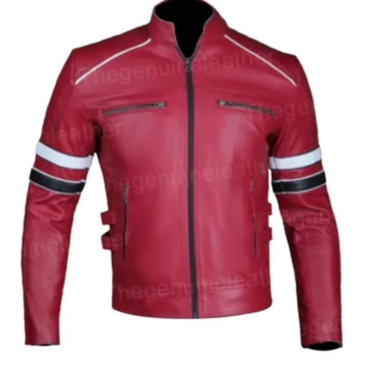 Men’s red café racer leather jacket with bold retro motorcycle style