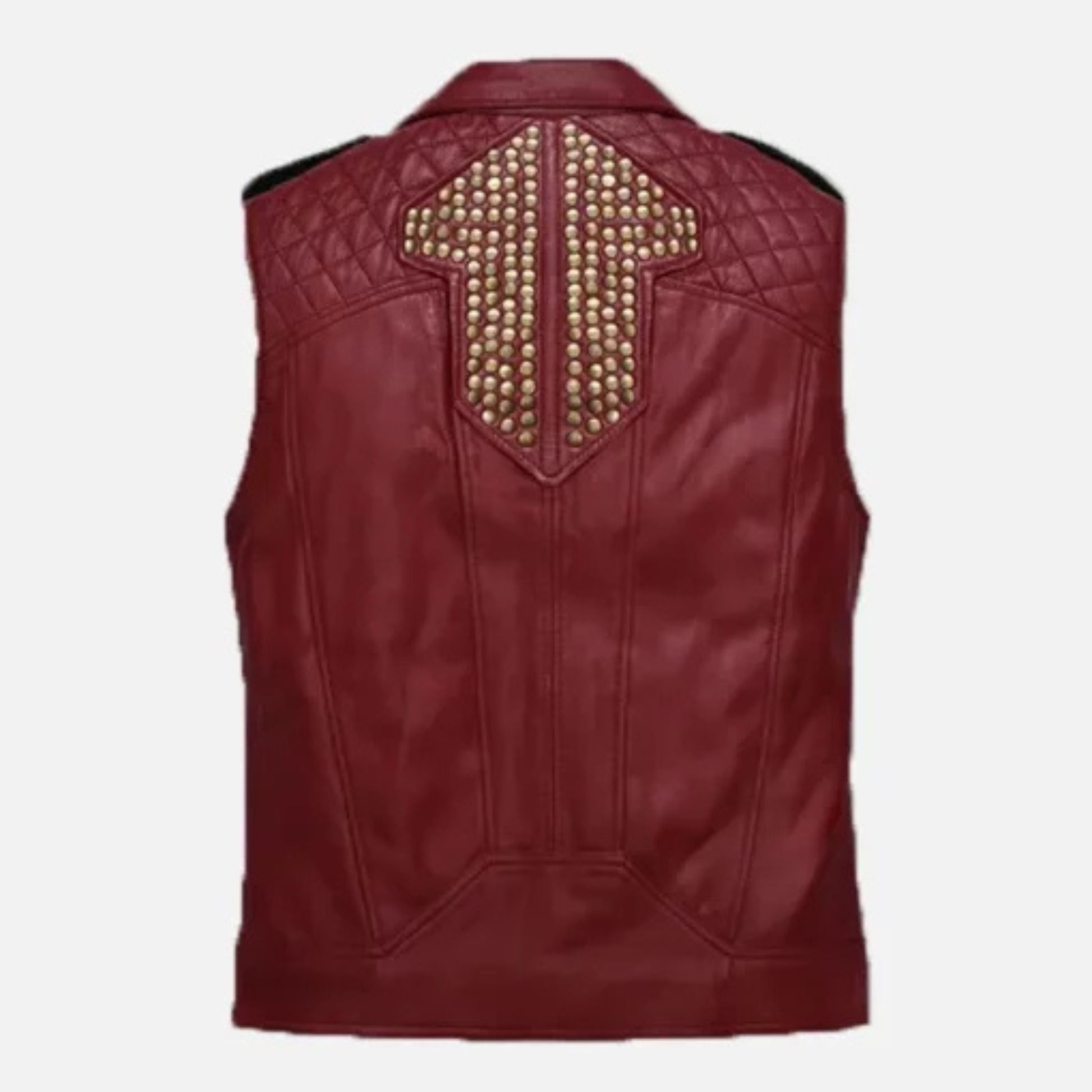 “Men’s red and black leather vest with bold biker design and contrasting panels.”
