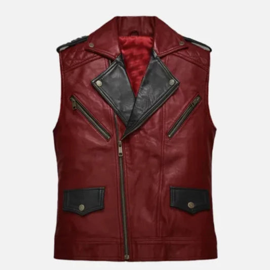 “Men’s red and black leather vest with bold biker design and contrasting panels.”