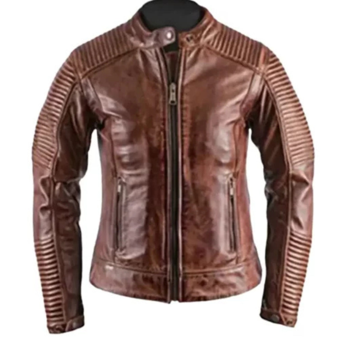 Man wearing classic biker style vintage distressed brown leather jacket
