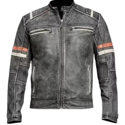 Men’s Retro Vintage Distressed Leather Cafe Racer Jacket with classic biker style, slim fit, front zipper, and rugged motorcycle design.