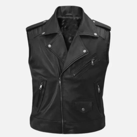"Men’s Road Sovereign black leather biker vest with classic design"