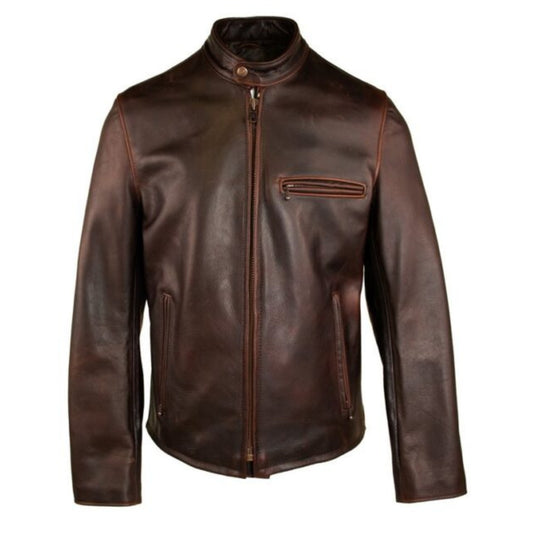 Men’s Schott brown cafe racer leather jacket with classic biker style design