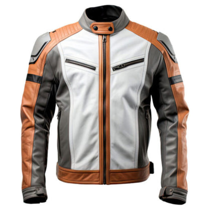 “Men’s sheepskin cafe racer motorcycle leather jacket with sleek classic moto design and zippered pockets”