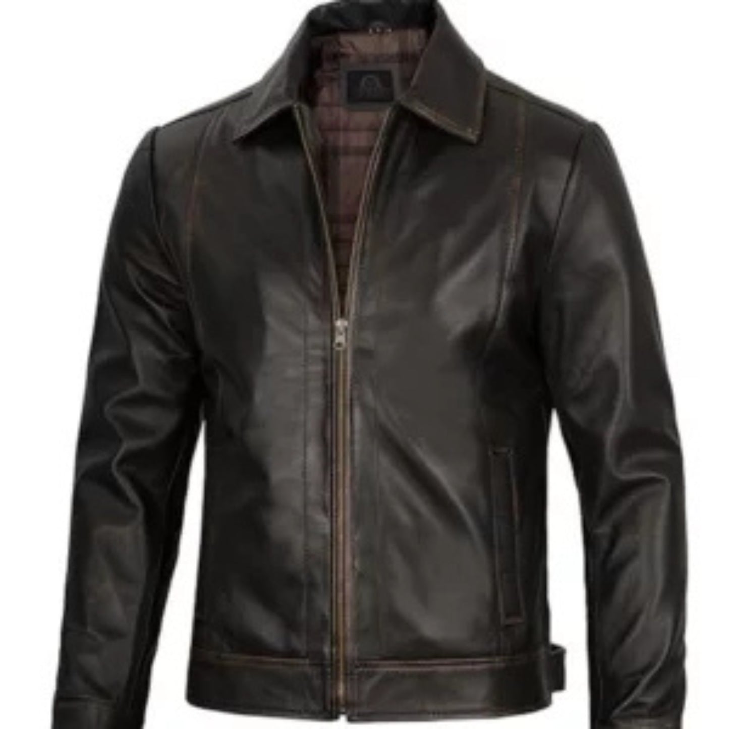 Men’s Simple Dark Brown Cafe Racer Leather Jacket – Classic Minimalist Biker Style