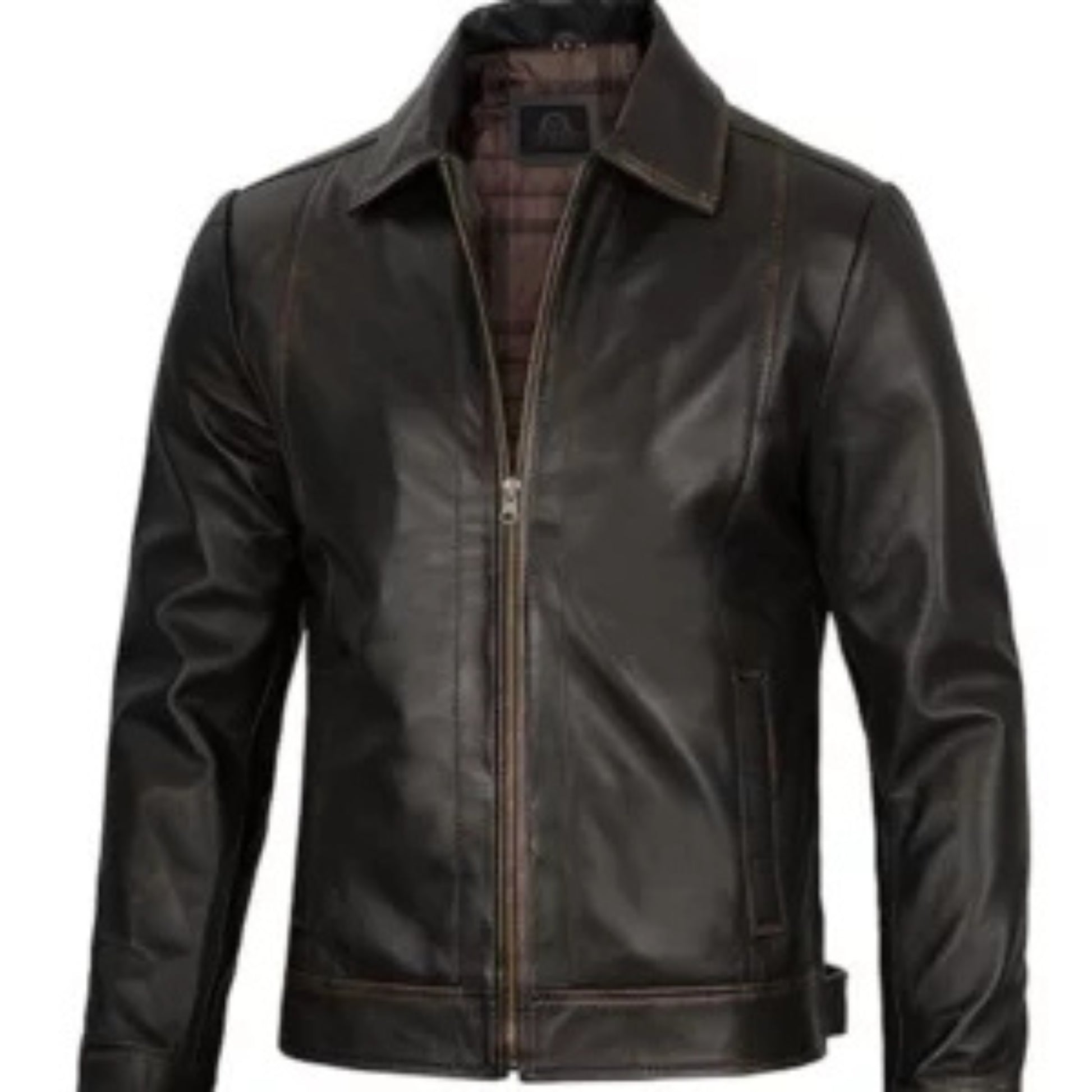 Men’s Simple Dark Brown Cafe Racer Leather Jacket – Classic Minimalist Biker Style