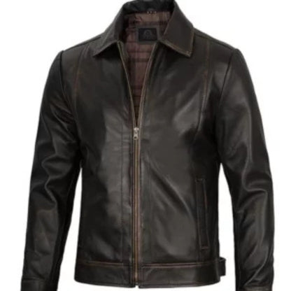 Men’s Simple Dark Brown Cafe Racer Leather Jacket – Classic Minimalist Biker Style