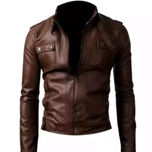 Men’s slim-fit brown biker jacket with strap pockets for stylish riding