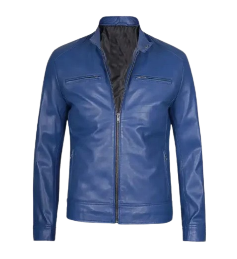 Men’s Slim Fit Blue Leather Jacket featuring sleek design, modern tailoring, and premium leather craftsmanship for a stylish look.