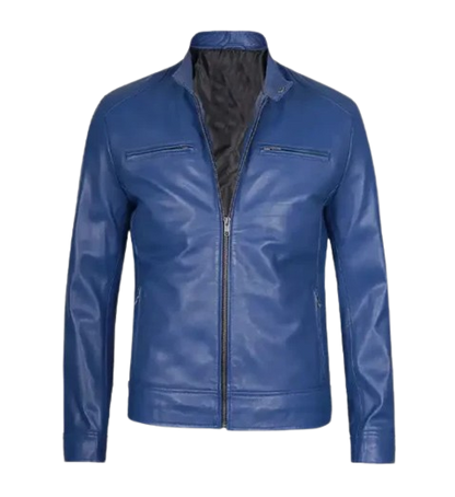 Men’s Slim Fit Blue Leather Jacket featuring sleek design, modern tailoring, and premium leather craftsmanship for a stylish look.