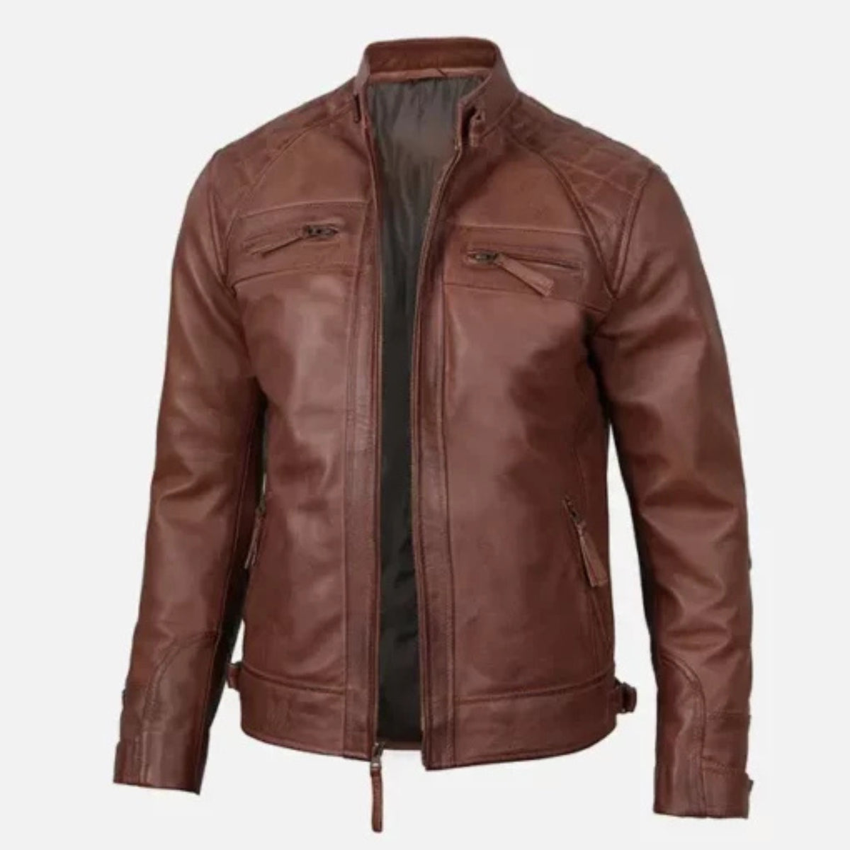 Man wearing men’s slim fit brown café racer leather jacket